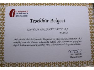 KONYA ŞEKER’E BİR ÖDÜL DE MALİYE BAKANLIĞINDAN